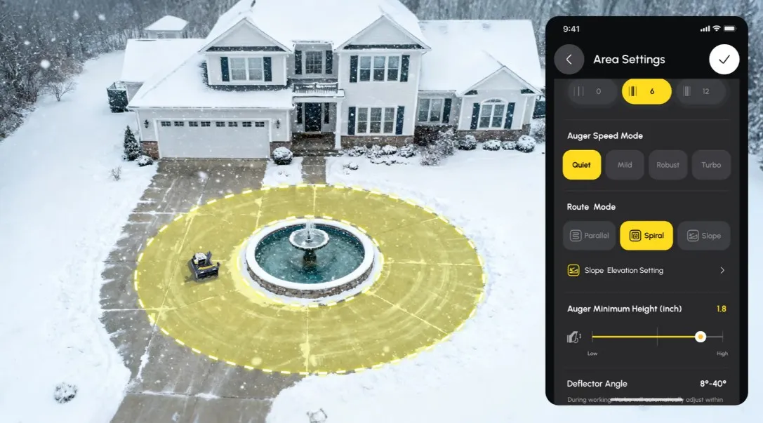 App screenshot of Spiral route mode selected while the robot clears a circular driveway around a fountain