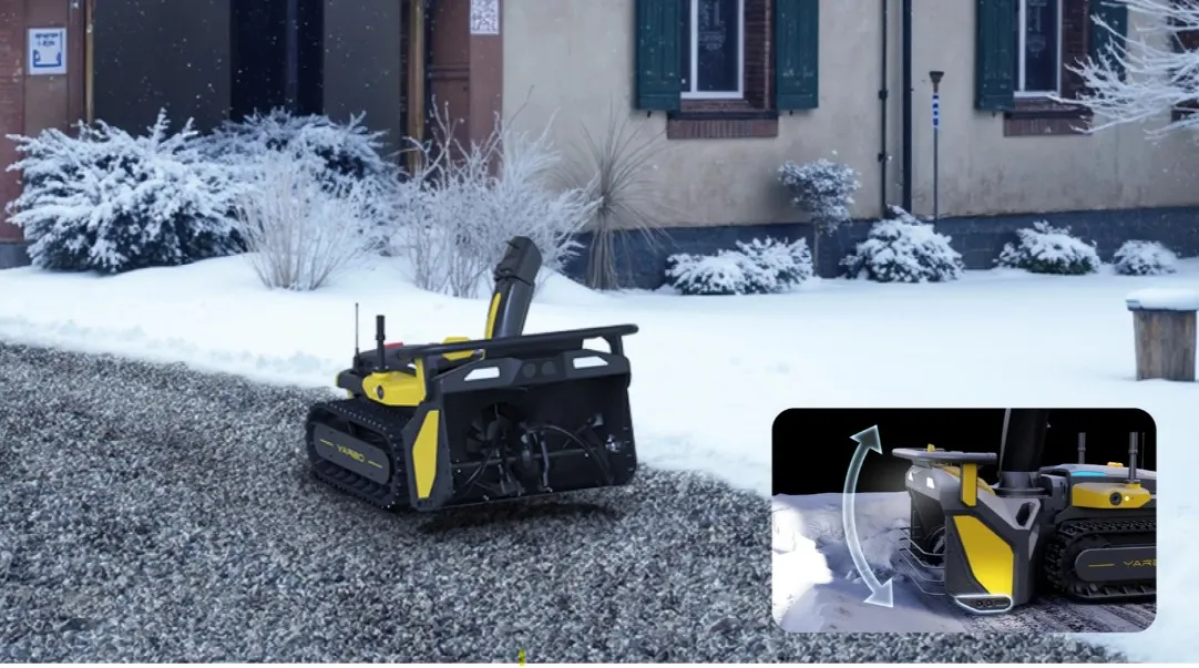 The robot clearing a gravel driveway with an inset showing the raised auger skimming above the stones