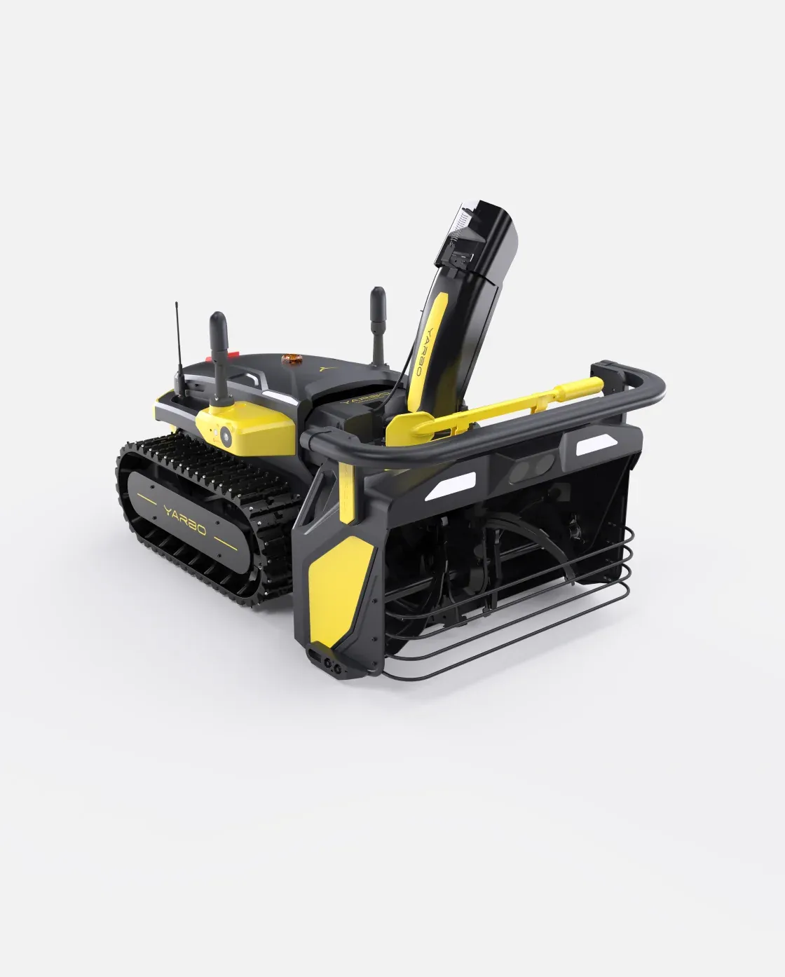 Studio shot of the yellow-and-black Yarbo snow blower robot on rubber tracks